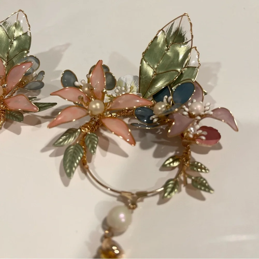 Ajoonie Custom Gold & Resin Floral Glass Rhinestone Beaded Hoop Earrings - Picture 6 of 7